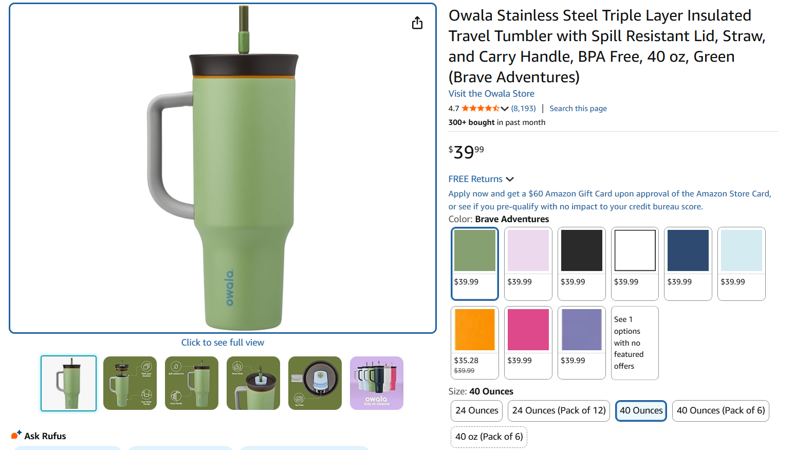 Owala Stainless Steel Triple Layer Insulated Travel Tumbler with Spill Resistant Lid, Straw, and Carry Handle, BPA Free, 40 oz, Green (Brave Adventures)
