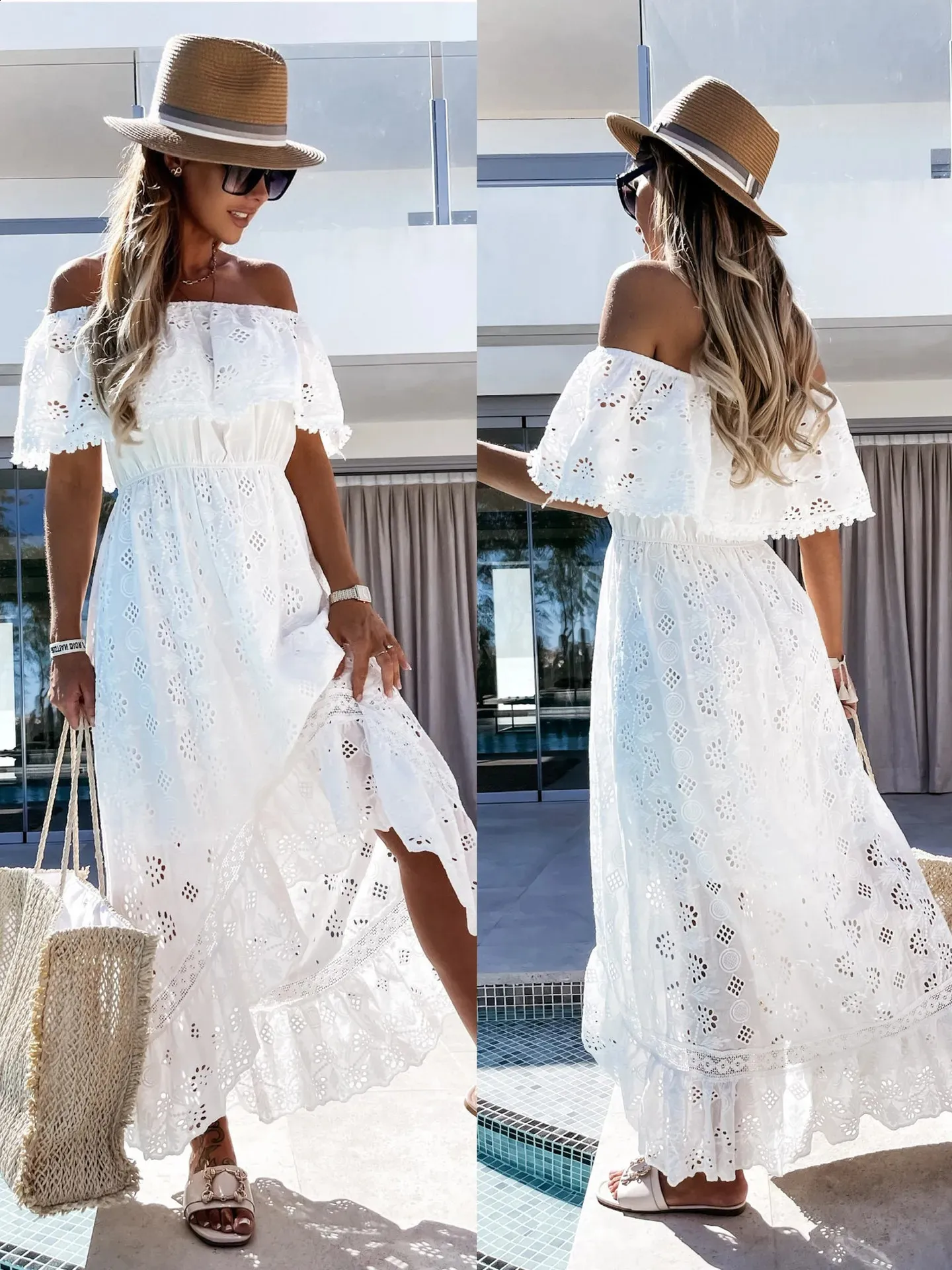 Woman wearing a white summer maxi dress, perfect for a beach vacation