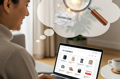 A person happily shopping online on a laptop, a thought bubble above their head showing a magnifying glass finding a hidden coupon code.